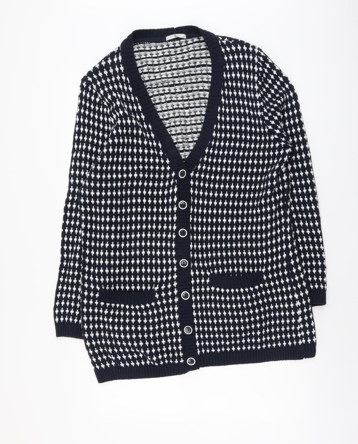 TU Womens Blue V-Neck Geometric Acrylic Cardigan Jumper Size 18