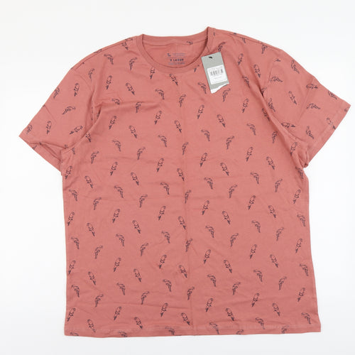 TU Mens Pink Geometric Cotton T-Shirt Size XL Round Neck - Bird Print