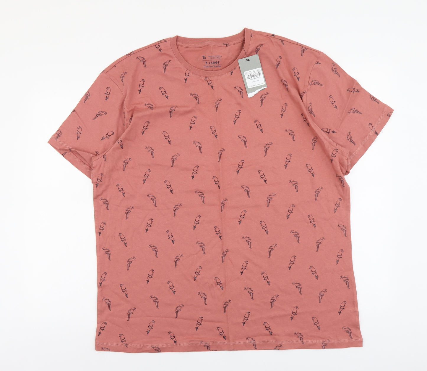 TU Mens Pink Geometric Cotton T-Shirt Size XL Round Neck - Bird Print