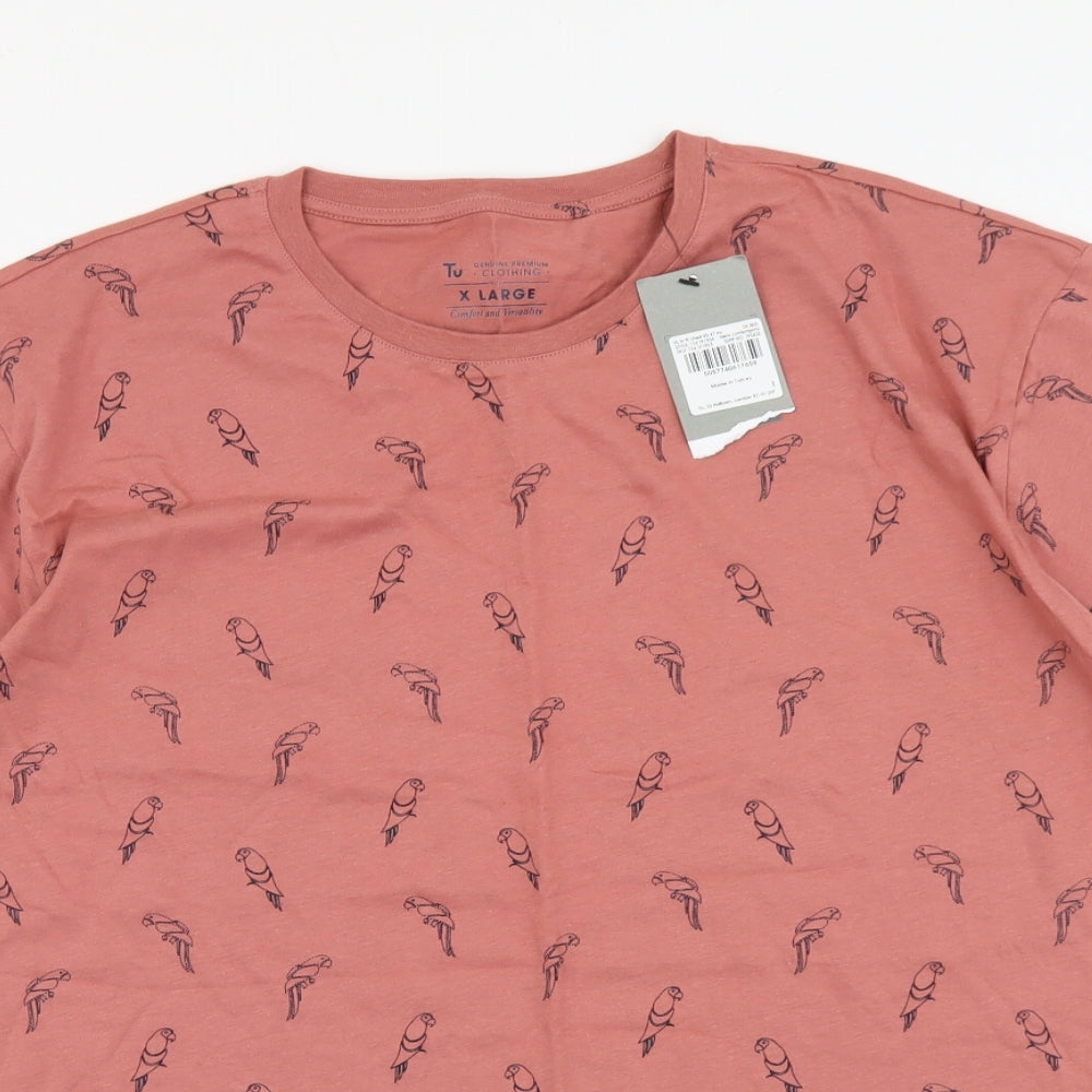 TU Mens Pink Geometric Cotton T-Shirt Size XL Round Neck - Bird Print