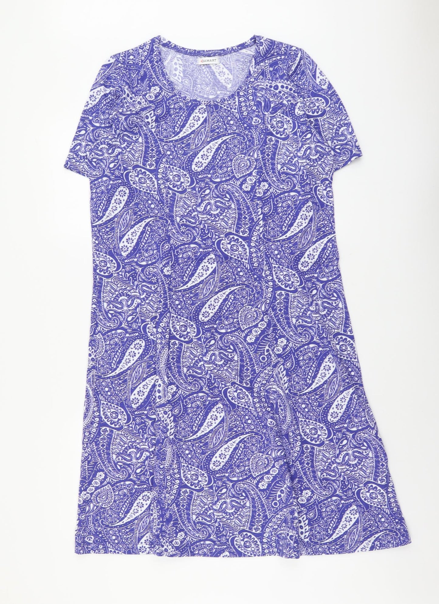 Damart Womens Blue Paisley Cotton T-Shirt Dress Size 14 Round Neck Pullover