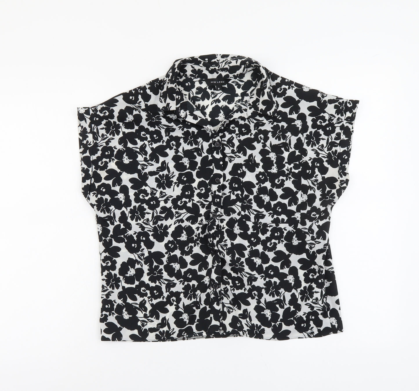 New Look Womens Black Floral Polyester Basic Button-Up Size 8 Collared