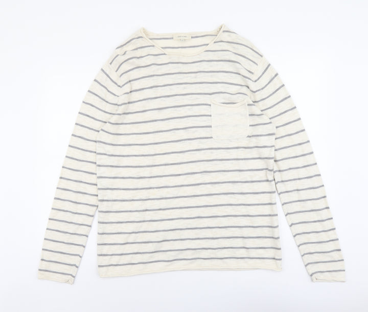 River Island Mens Beige Round Neck Striped Cotton Pullover Jumper Size M Long Sleeve