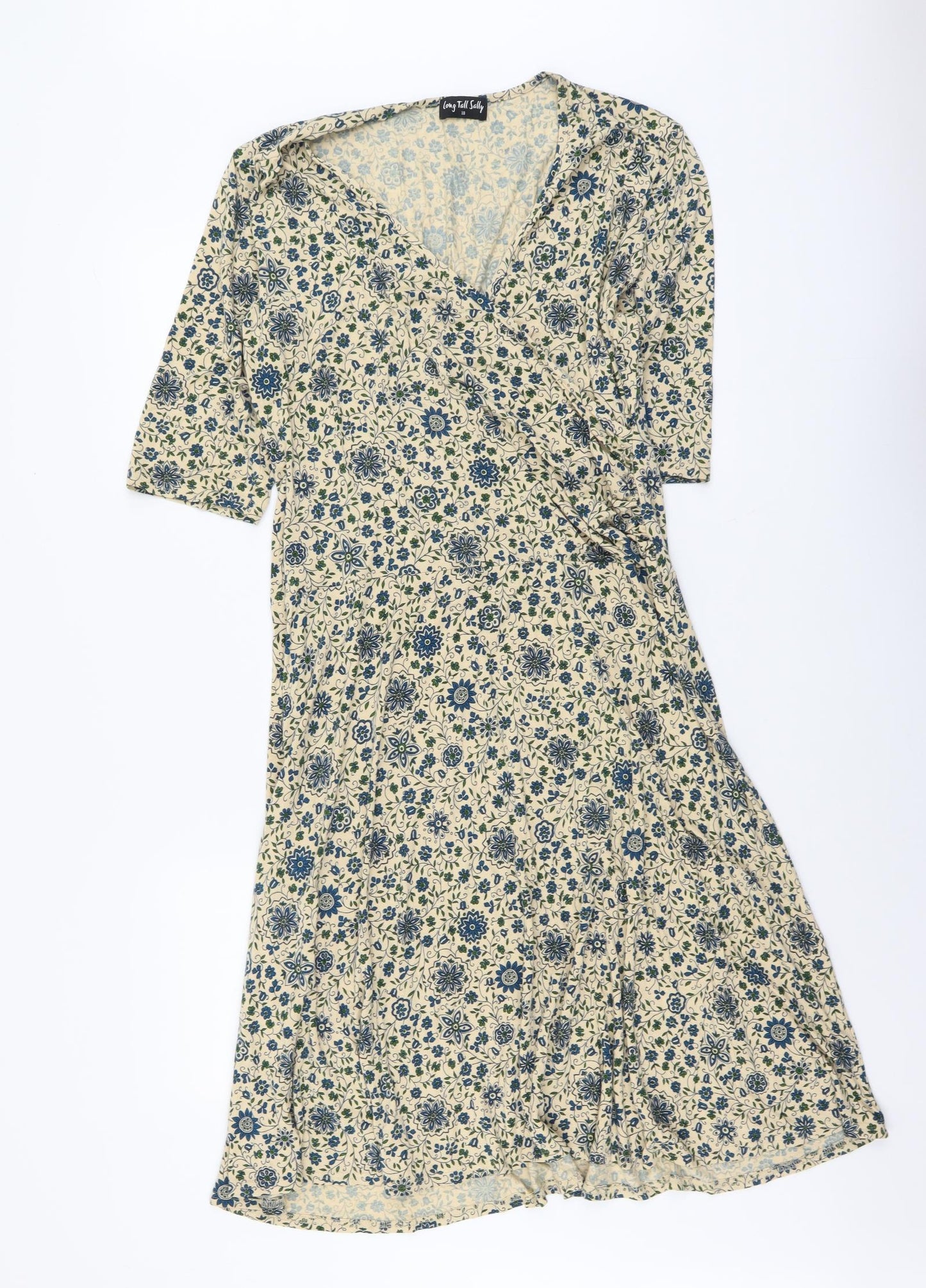 Long Tall Sally Womens Beige Floral Viscose A-Line Size 18 V-Neck Pullover