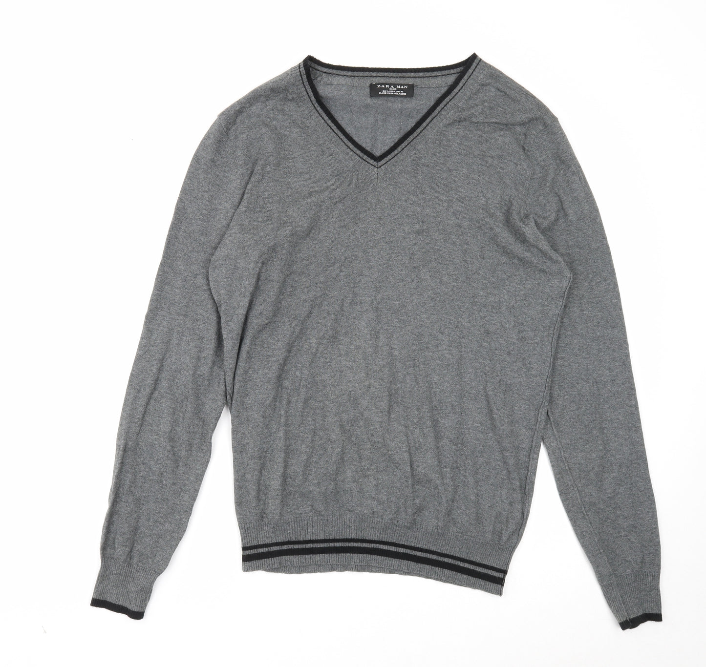 Zara Mens Grey V-Neck Cotton Pullover Jumper Size L Long Sleeve