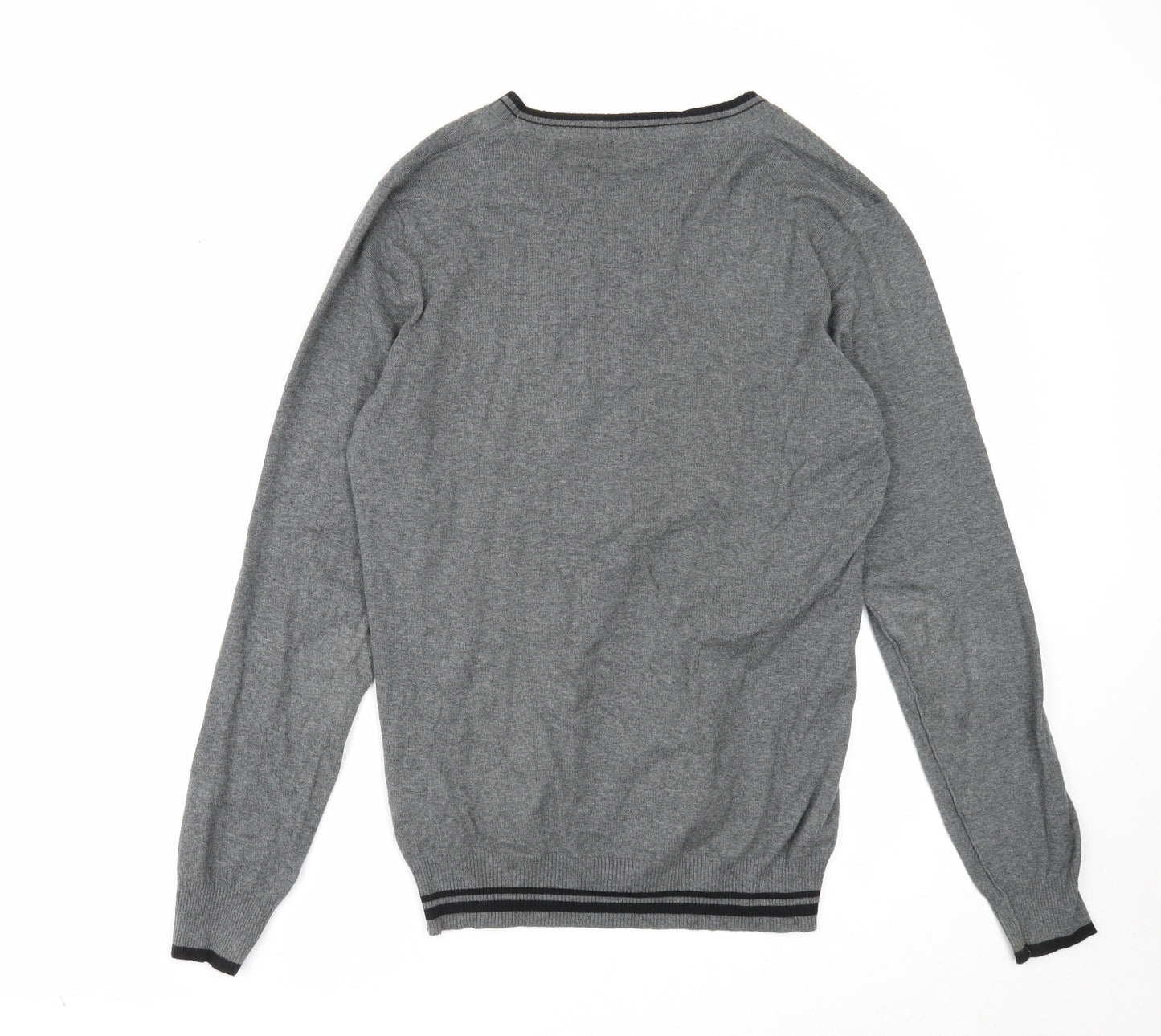 Zara Mens Grey V-Neck Cotton Pullover Jumper Size L Long Sleeve