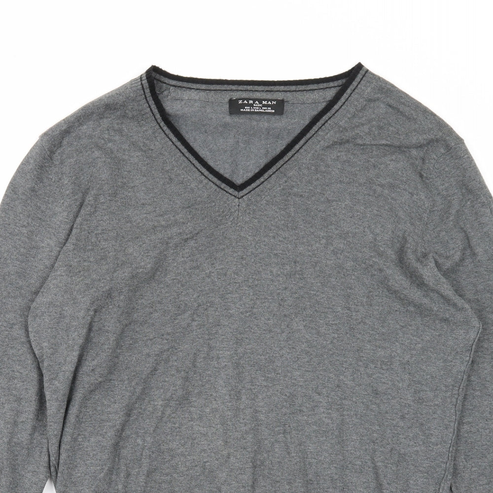 Zara Mens Grey V-Neck Cotton Pullover Jumper Size L Long Sleeve