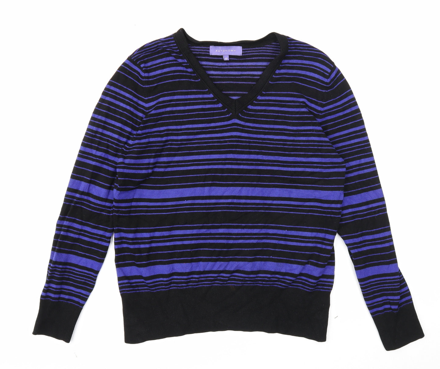 Autonomy Womens Black V-Neck Striped Viscose Pullover Jumper Size 18