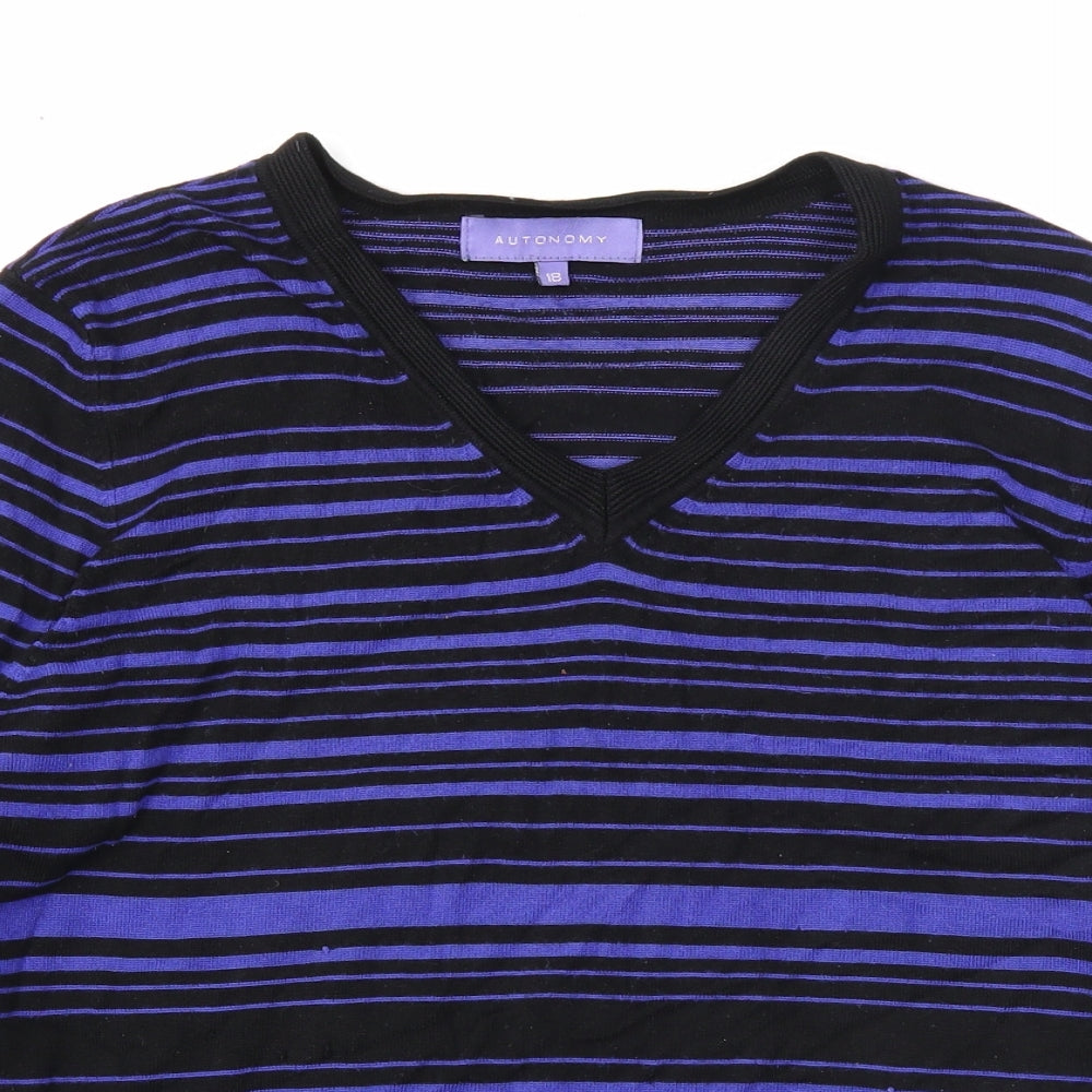 Autonomy Womens Black V-Neck Striped Viscose Pullover Jumper Size 18