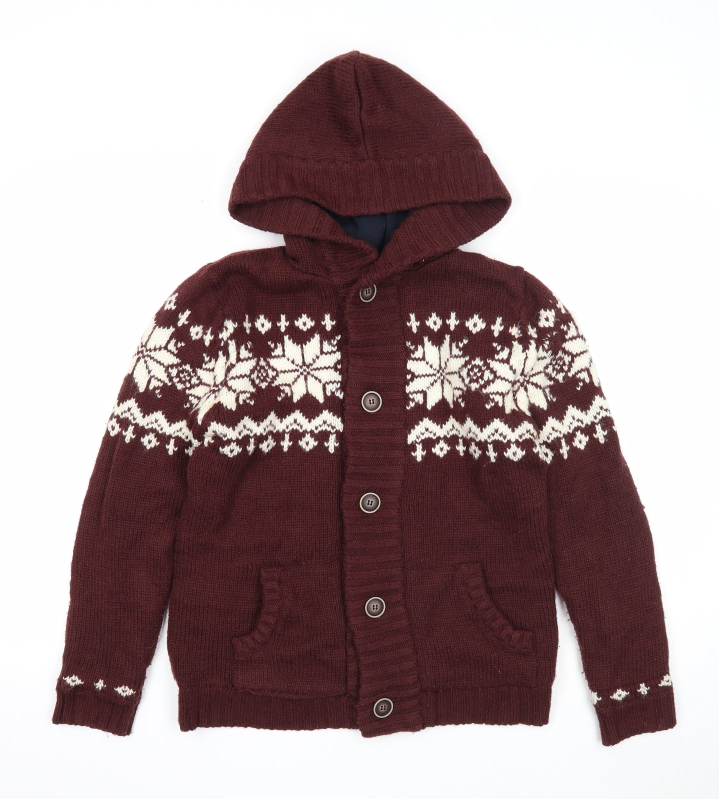 Rebel Boys Purple Round Neck Fair Isle Acrylic Cardigan Jumper Size 12-13 Years Button