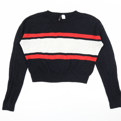 Divided Womens Black Round Neck Striped Acrylic Pullover Jumper Size S