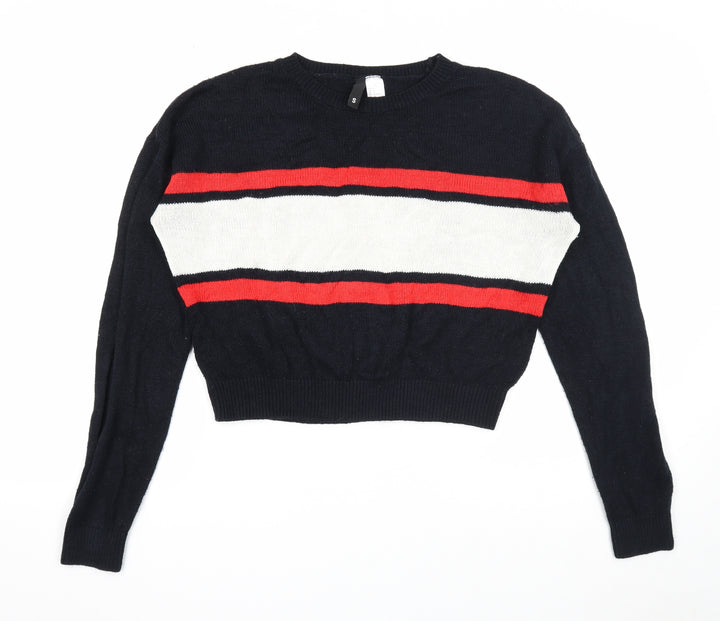 Divided Womens Black Round Neck Striped Acrylic Pullover Jumper Size S