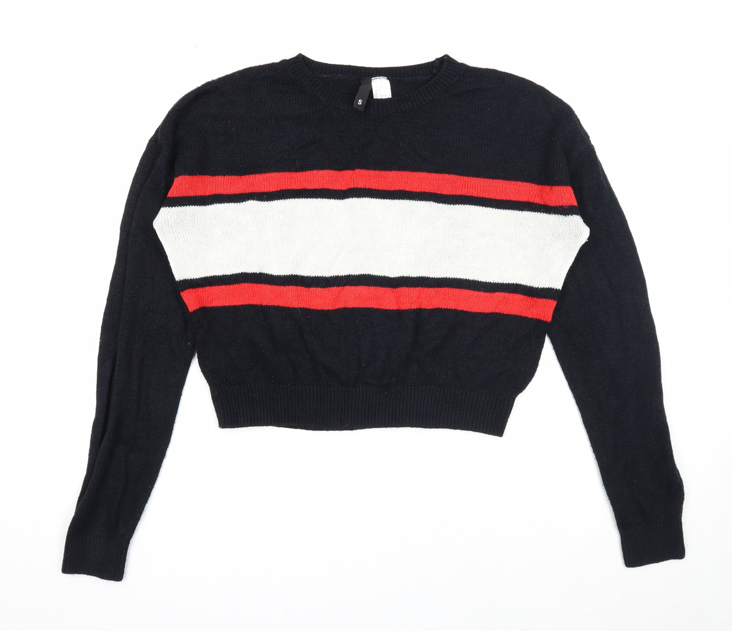 Divided Womens Black Round Neck Striped Acrylic Pullover Jumper Size S