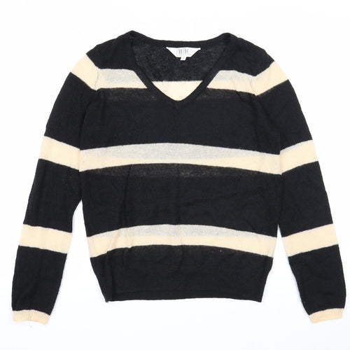 Nine Womens Black V-Neck Striped Acrylic Pullover Jumper Size 10