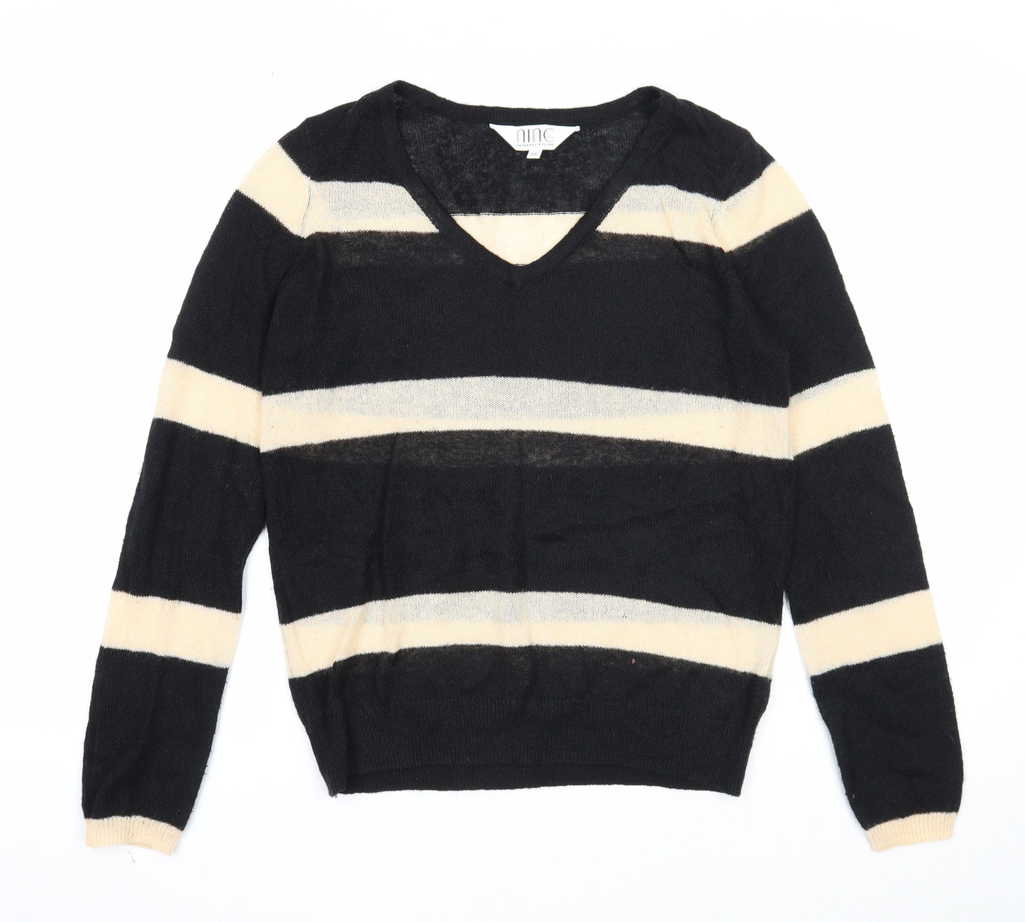 Nine Womens Black V-Neck Striped Acrylic Pullover Jumper Size 10