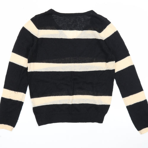 Nine Womens Black V-Neck Striped Acrylic Pullover Jumper Size 10
