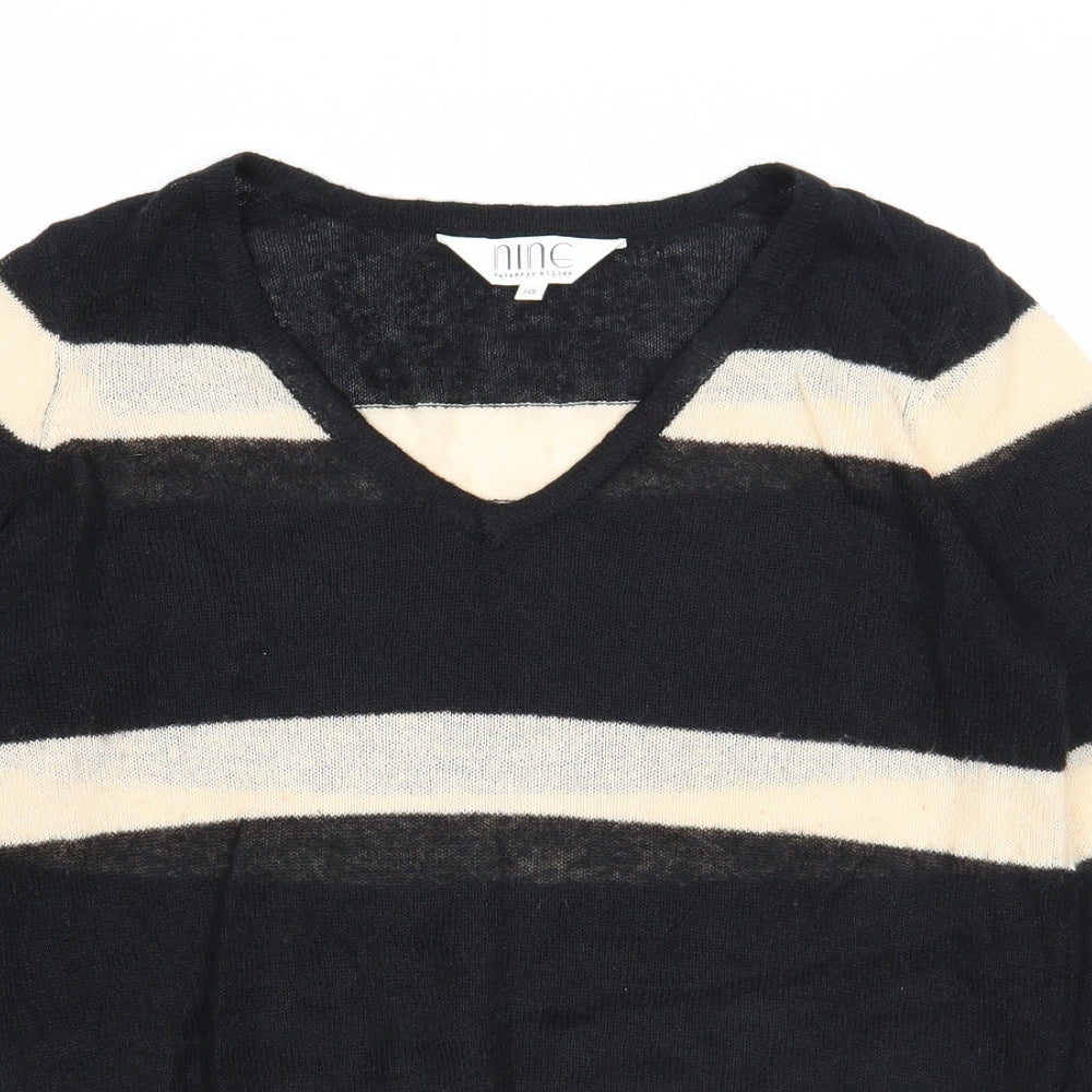 Nine Womens Black V-Neck Striped Acrylic Pullover Jumper Size 10