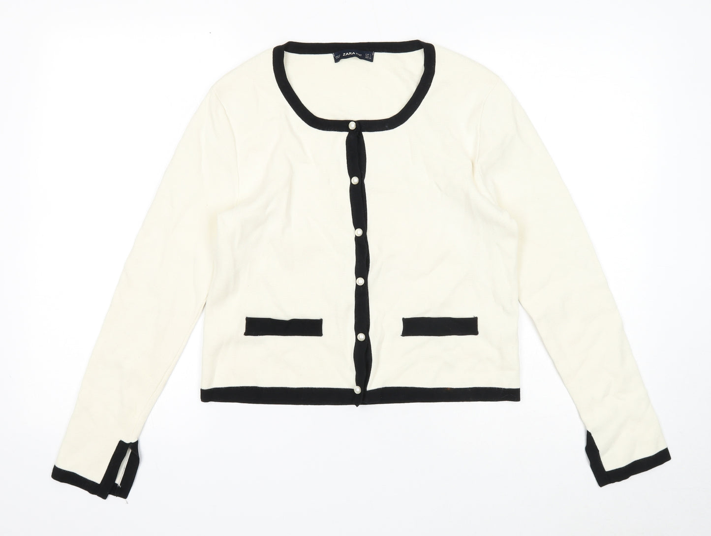 Zara Womens White Round Neck Acrylic Cardigan Jumper Size L