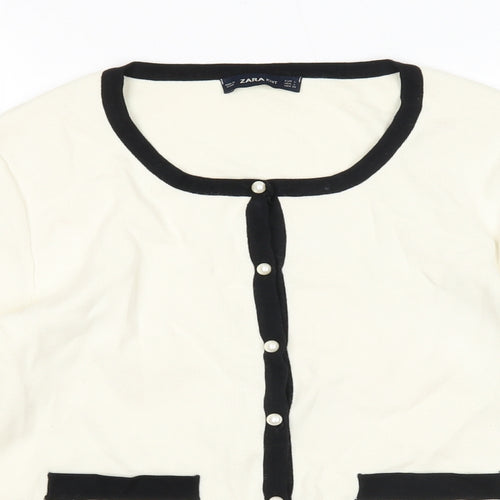 Zara Womens White Round Neck Acrylic Cardigan Jumper Size L