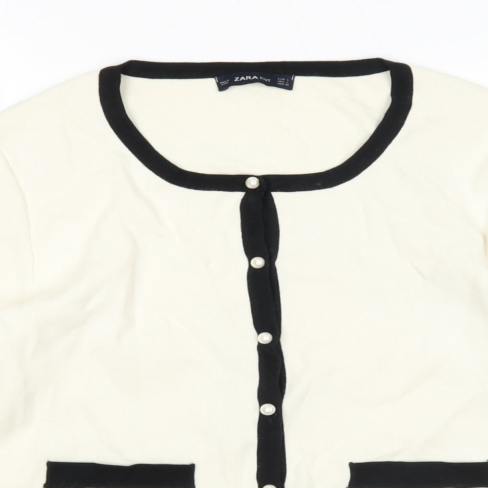 Zara Womens White Round Neck Acrylic Cardigan Jumper Size L