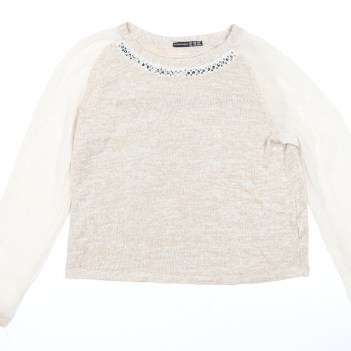 Atmosphere Womens Beige Boat Neck Acrylic Pullover Jumper Size 10 - Chiffon Sleeve