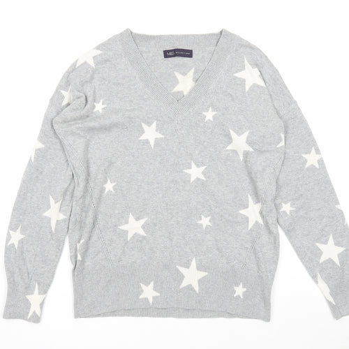 Marks and Spencer Womens Grey V-Neck Geometric Cotton Pullover Jumper Size S - Stars