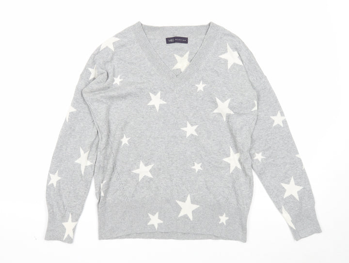 Marks and Spencer Womens Grey V-Neck Geometric Cotton Pullover Jumper Size S - Stars