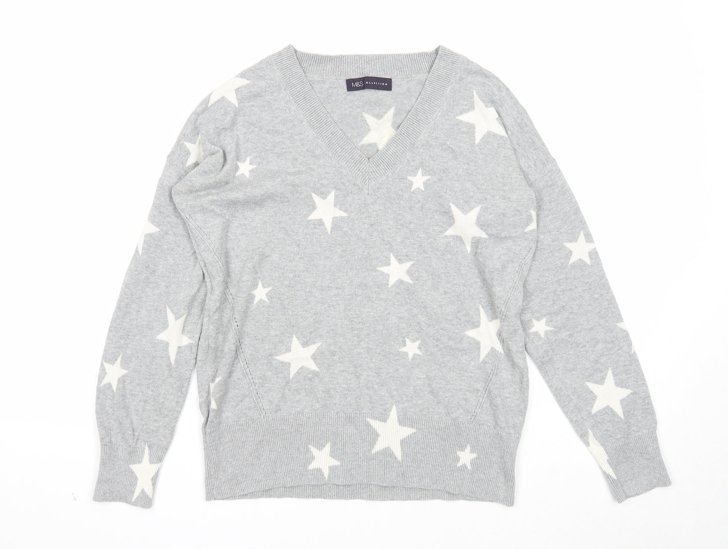 Marks and Spencer Womens Grey V-Neck Geometric Cotton Pullover Jumper Size S - Stars
