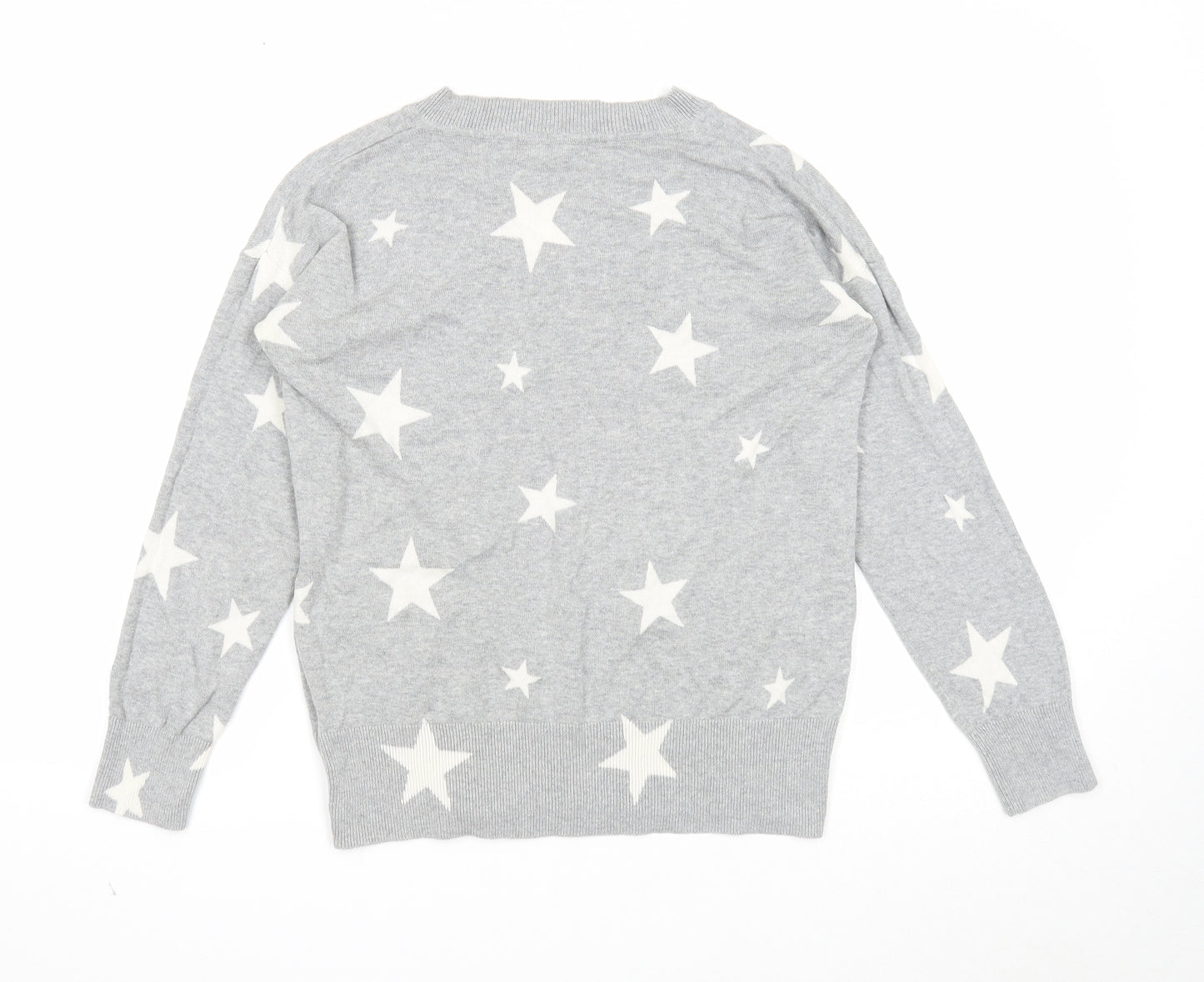 Marks and Spencer Womens Grey V-Neck Geometric Cotton Pullover Jumper Size S - Stars