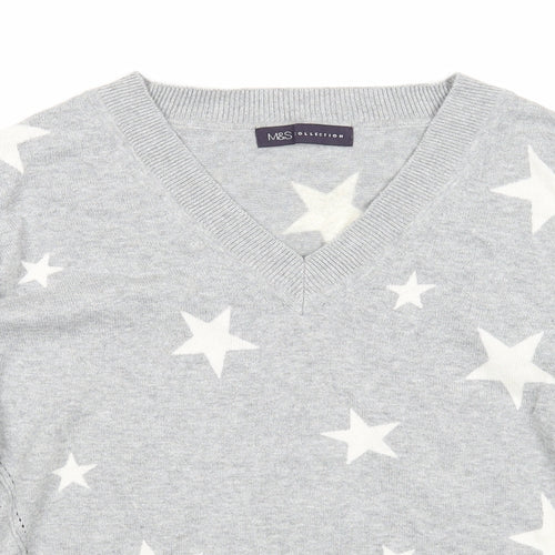 Marks and Spencer Womens Grey V-Neck Geometric Cotton Pullover Jumper Size S - Stars