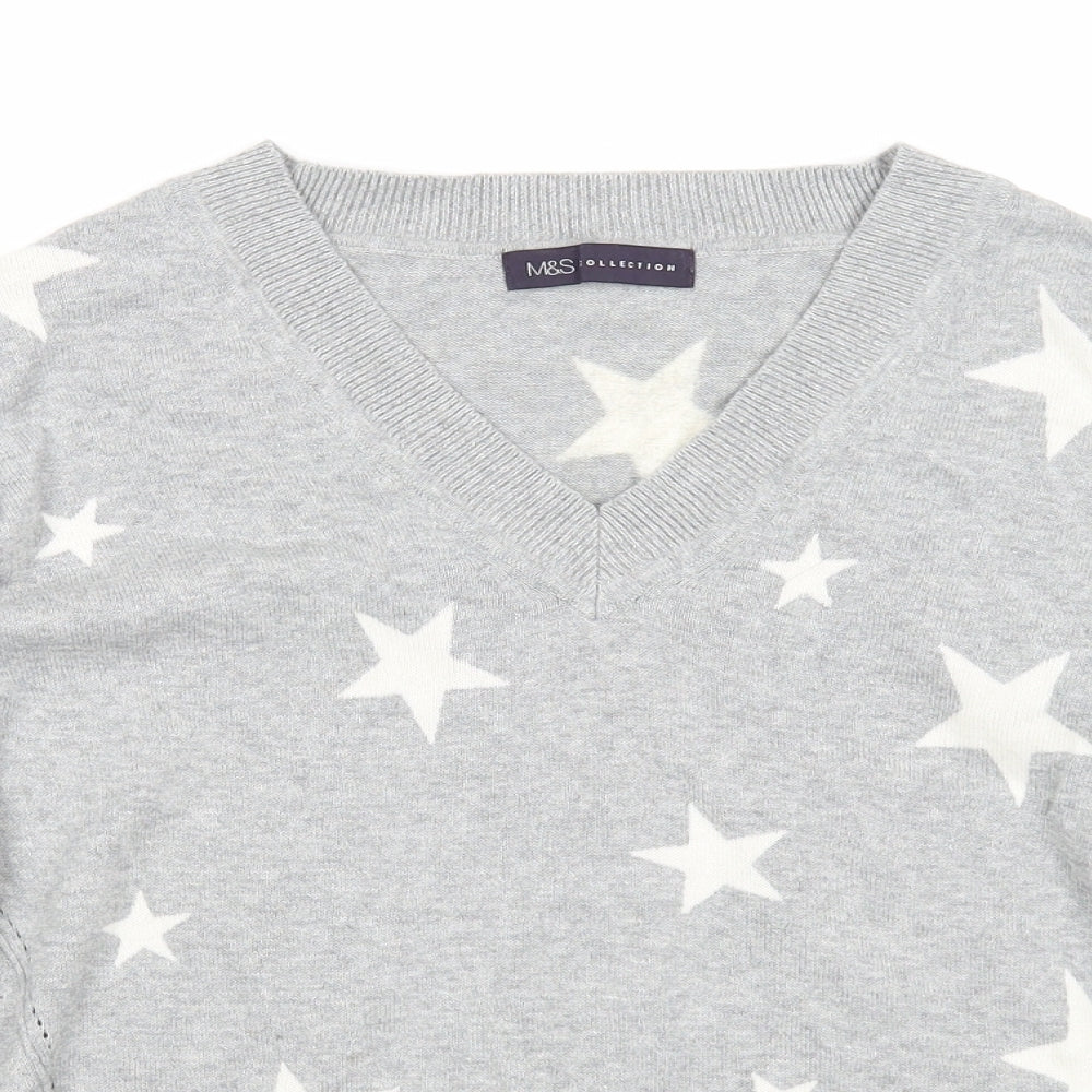 Marks and Spencer Womens Grey V-Neck Geometric Cotton Pullover Jumper Size S - Stars