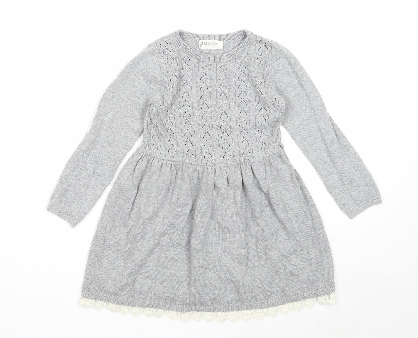 H&M Girls Grey Cotton Jumper Dress Size 3-4 Years Round Neck Pullover