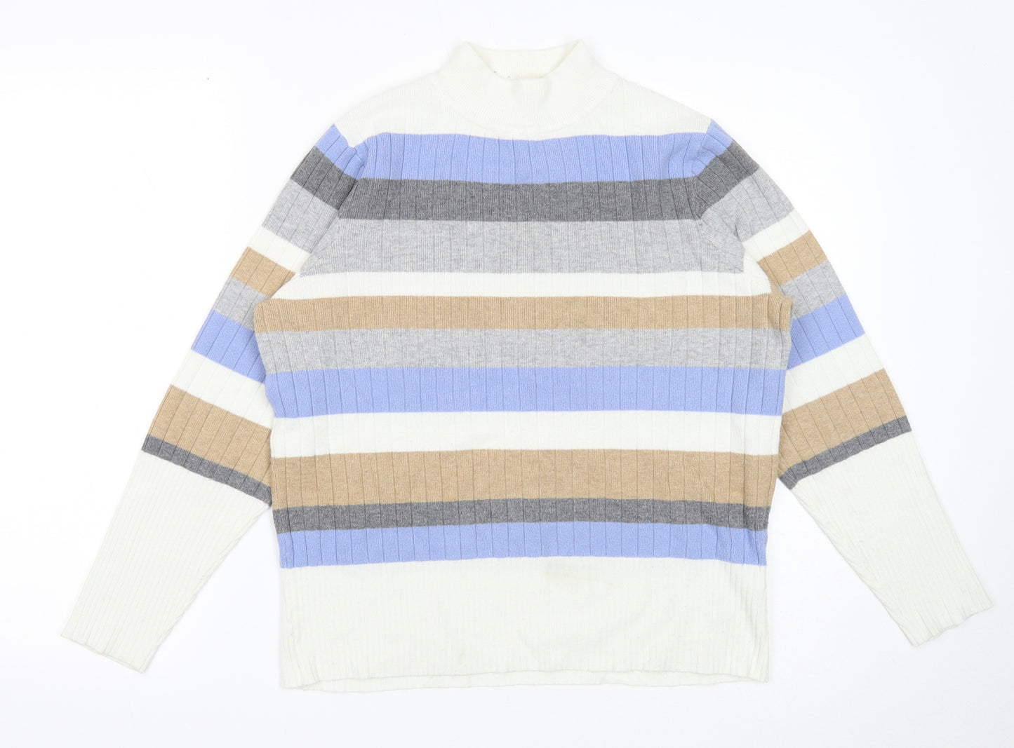 Marks and Spencer Womens White Mock Neck Striped Viscose Pullover Jumper Size 16 - Ribbed