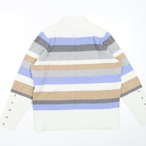 Marks and Spencer Womens White Mock Neck Striped Viscose Pullover Jumper Size 16 - Ribbed