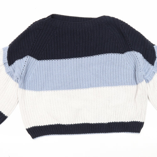 Marks and Spencer Womens Blue Round Neck Striped Cotton Pullover Jumper Size M - Cropped