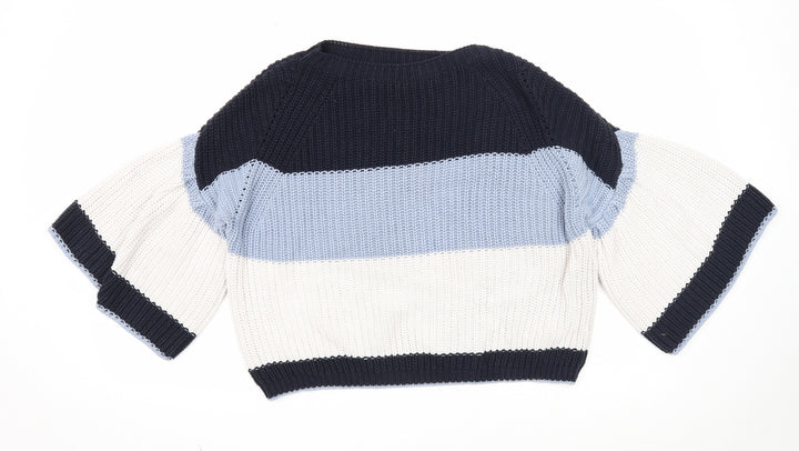 Marks and Spencer Womens Blue Round Neck Striped Cotton Pullover Jumper Size M - Cropped