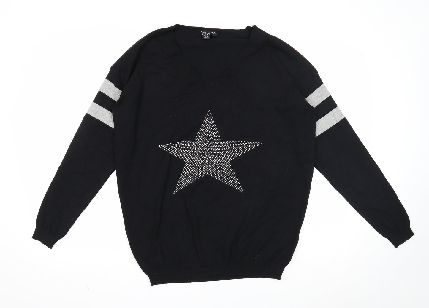 Izabel London Womens Black V-Neck Striped Viscose Pullover Jumper Size 8 - Star Print
