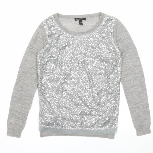 Mango Womens Grey Round Neck Geometric Acrylic Pullover Jumper Size S
