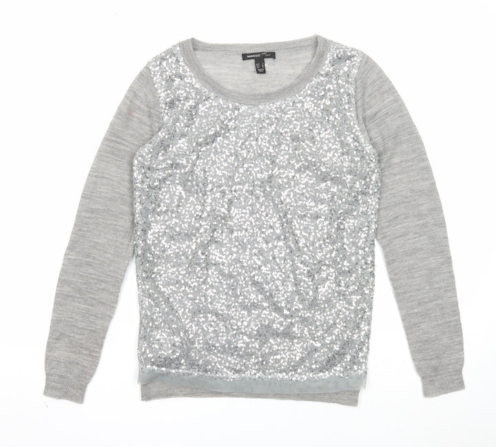 Mango Womens Grey Round Neck Geometric Acrylic Pullover Jumper Size S