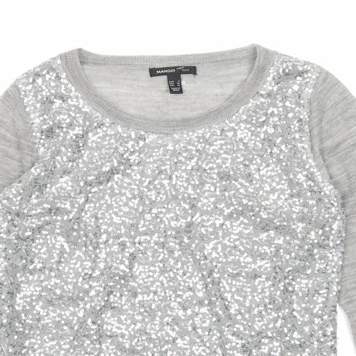 Mango Womens Grey Round Neck Geometric Acrylic Pullover Jumper Size S