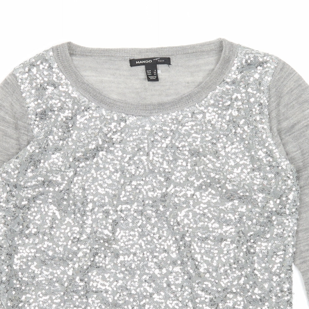 Mango Womens Grey Round Neck Geometric Acrylic Pullover Jumper Size S