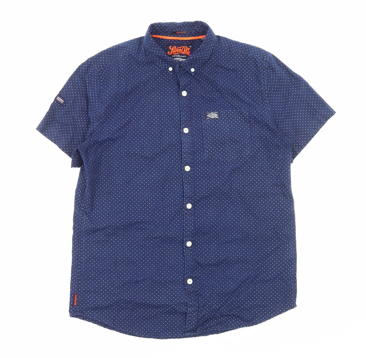 Superdry Mens Blue Polka Dot Cotton Button-Up Size L Collared Button