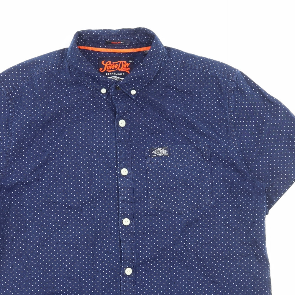 Superdry Mens Blue Polka Dot Cotton Button-Up Size L Collared Button