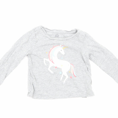 Gap Girls Grey Cotton Basic T-Shirt Size 12-18 Months Round Neck Pullover - Unicorn Print
