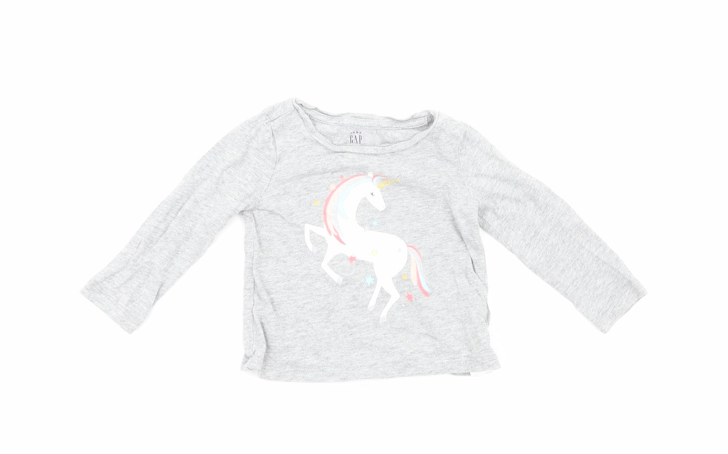 Gap Girls Grey Cotton Basic T-Shirt Size 12-18 Months Round Neck Pullover - Unicorn Print