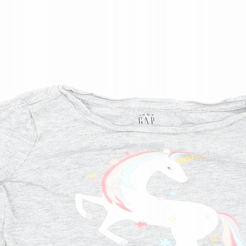 Gap Girls Grey Cotton Basic T-Shirt Size 12-18 Months Round Neck Pullover - Unicorn Print
