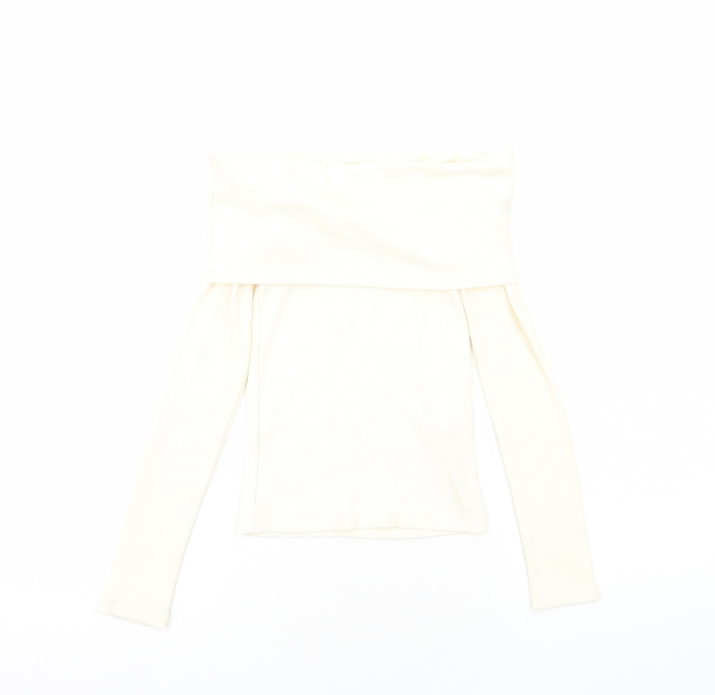 Zara Womens Ivory Cotton Basic Blouse Size S Roll Neck - Ribbed Bardot