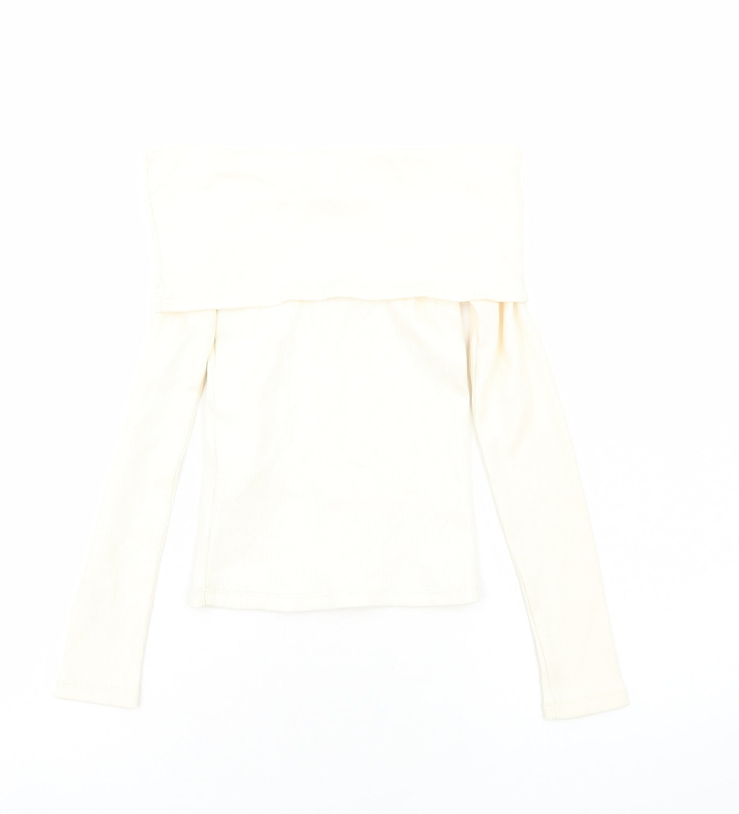Zara Womens Ivory Cotton Basic Blouse Size S Roll Neck - Ribbed Bardot