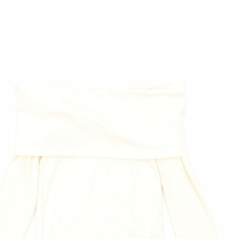 Zara Womens Ivory Cotton Basic Blouse Size S Roll Neck - Ribbed Bardot