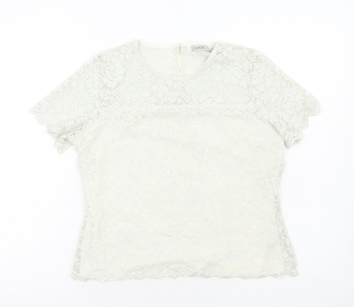 Oasis Womens White Polyester Basic T-Shirt Size L Round Neck